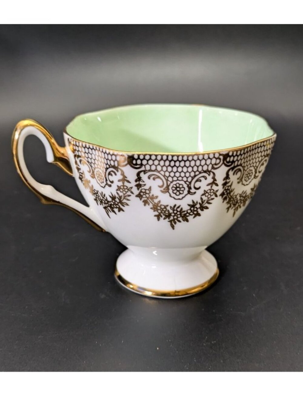 Salisbury Bone China Tea Cup Green Interior Gold Lace Trim Vintage England